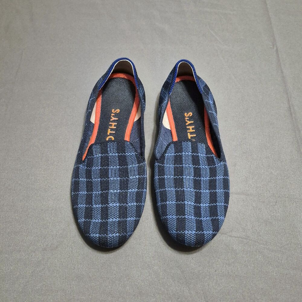 Rothy's The Loafer Women Size 6.5 Indigo Blue Gingham Plaid Excellent Condition
